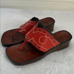 Womens Leather Square Toe Embroidered Studded Western Boho Thong Wedge Sandals 9